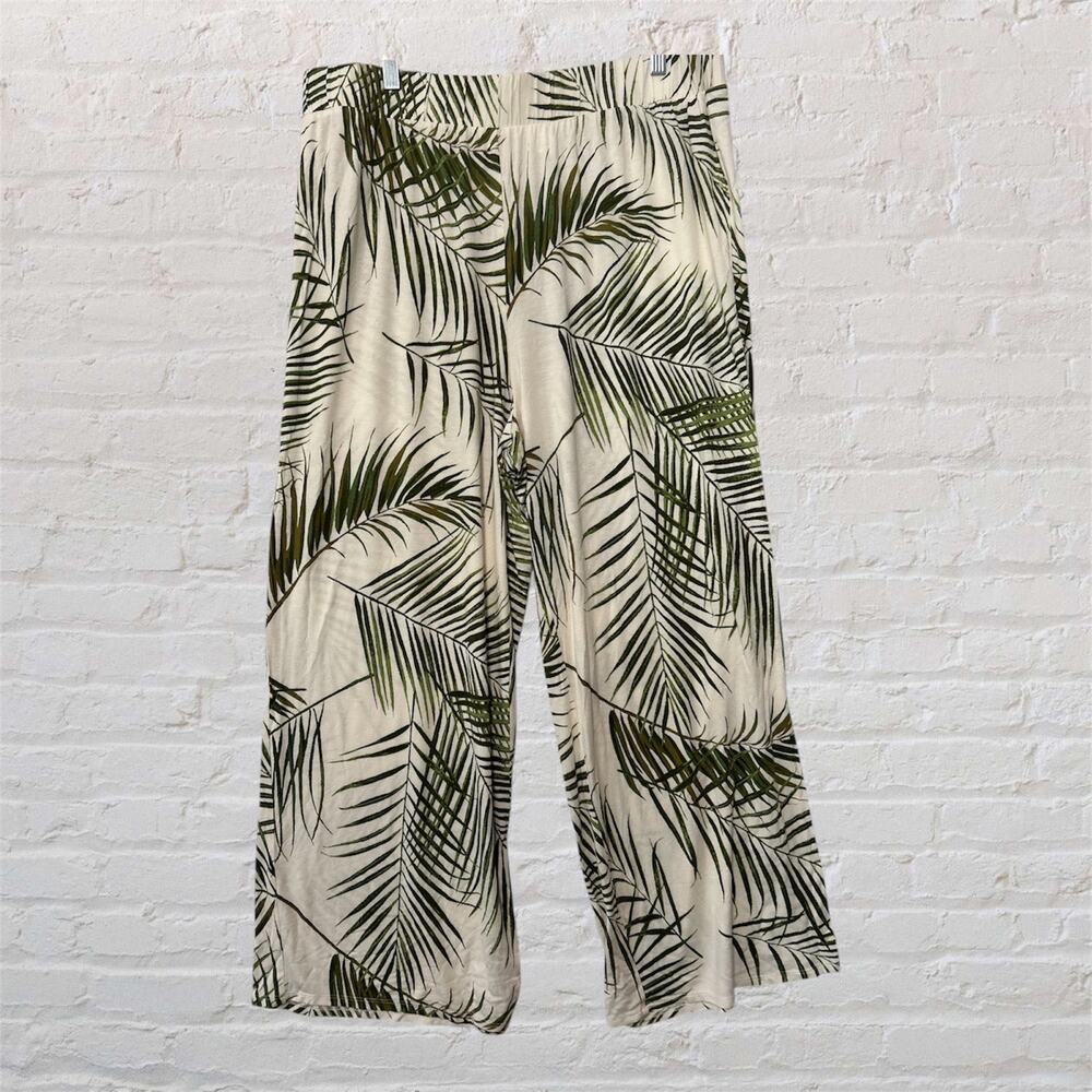 EUC H&M Cream Green Tropical Print Wide Leg Pants (XL)